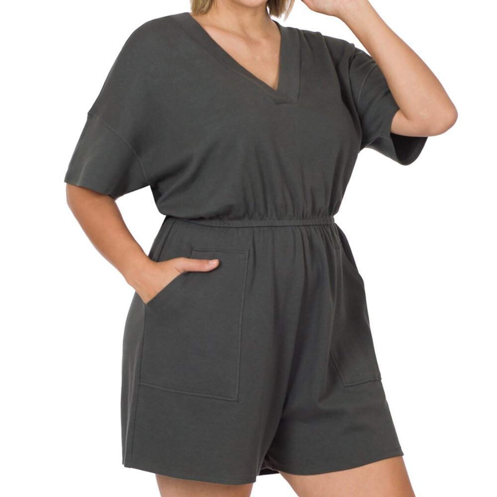 Zenana Plus Size Gray V‑Neck Romper with Pockets 3X